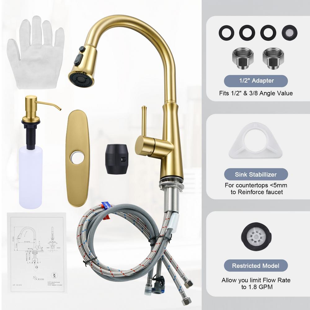 Gold Stainless Steel High-Arc Kitchen Faucet with Pull-out Spray