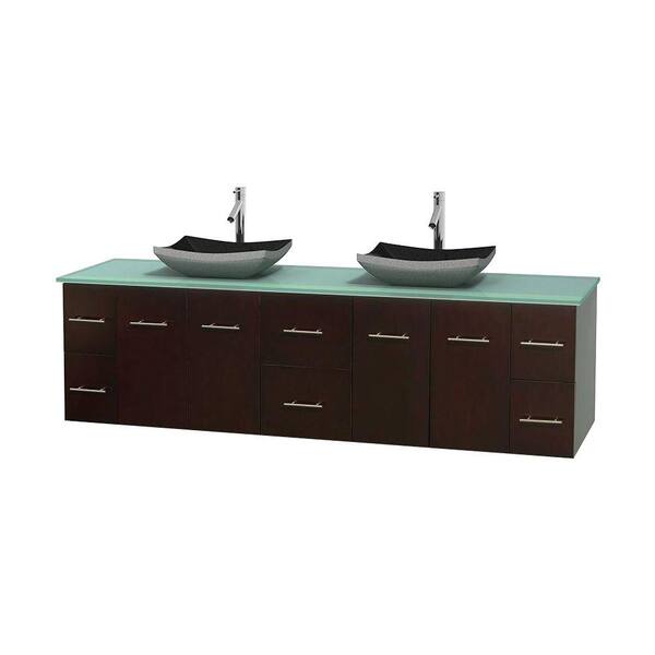 Wyndham Collection Centra 80 in. Double Vanity in Espresso with Glass Vanity Top in Green and Black Granite Sinks