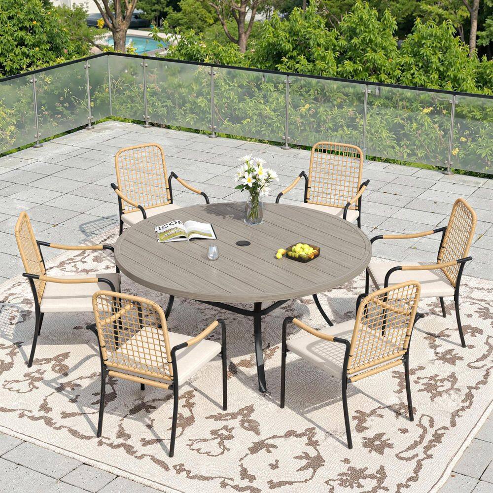 7-Piece Outdoor Dining Set with 50 in. Gray Wood-Like Metal Round Table and 6 Wicker Dining Chairs with Beige Cushions price history on PriceWatchPro