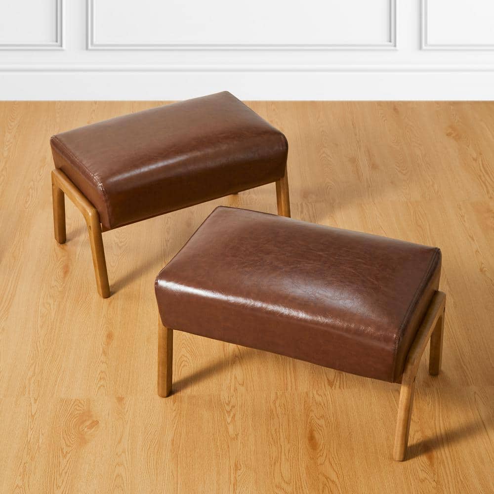 Mid-Century Brown Faux Leather and Rubberwood Accent Stools Set