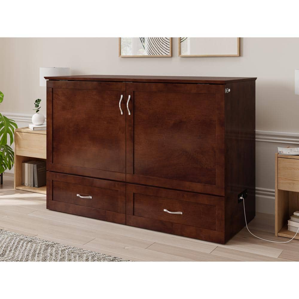 Walnut Full Murphy Bed Chest with Upholstered Wood Frame and Drawer