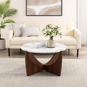 Modern 35 in. Calcutta Marble and Dark Walnut Round Wood Coffee Table with Intersecting Arch Legs