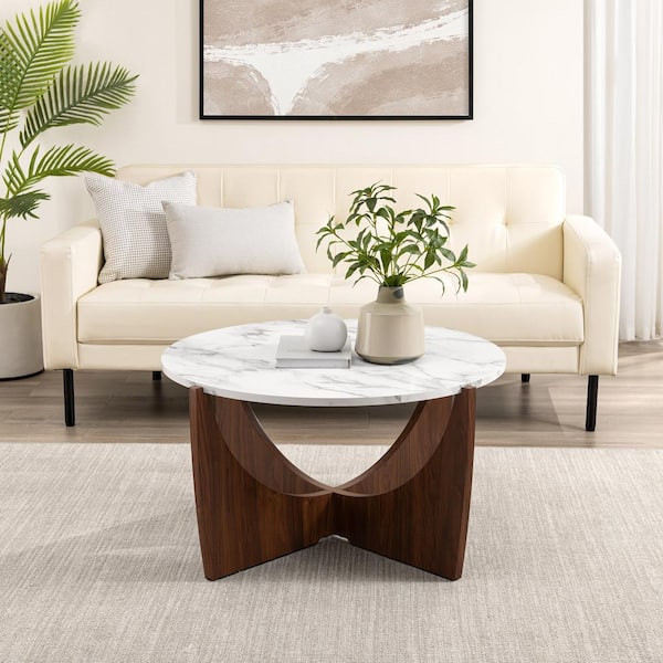 Welwick Designs Modern 35 in. Calcutta Marble and Dark Walnut Round Wood Coffee Table with Intersecting Arch Legs