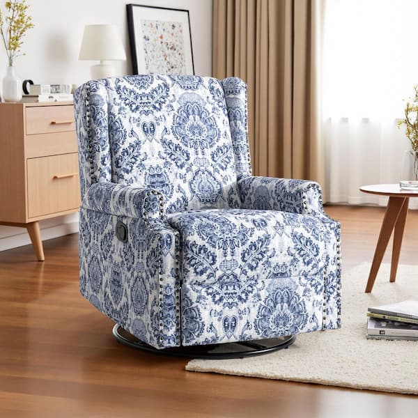 Uixe Navy Blue Pattern Linen Swivel Upholstered Metal Base