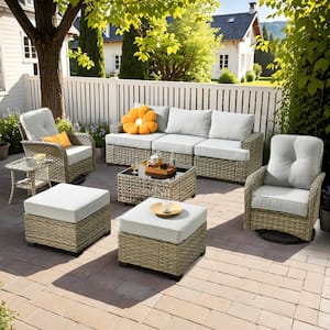 Torino Gray 9-Piece Modern Wicker Patio Conversation Deep Seating Set with Swivel Rocking Chairs and Light Gray Cushions