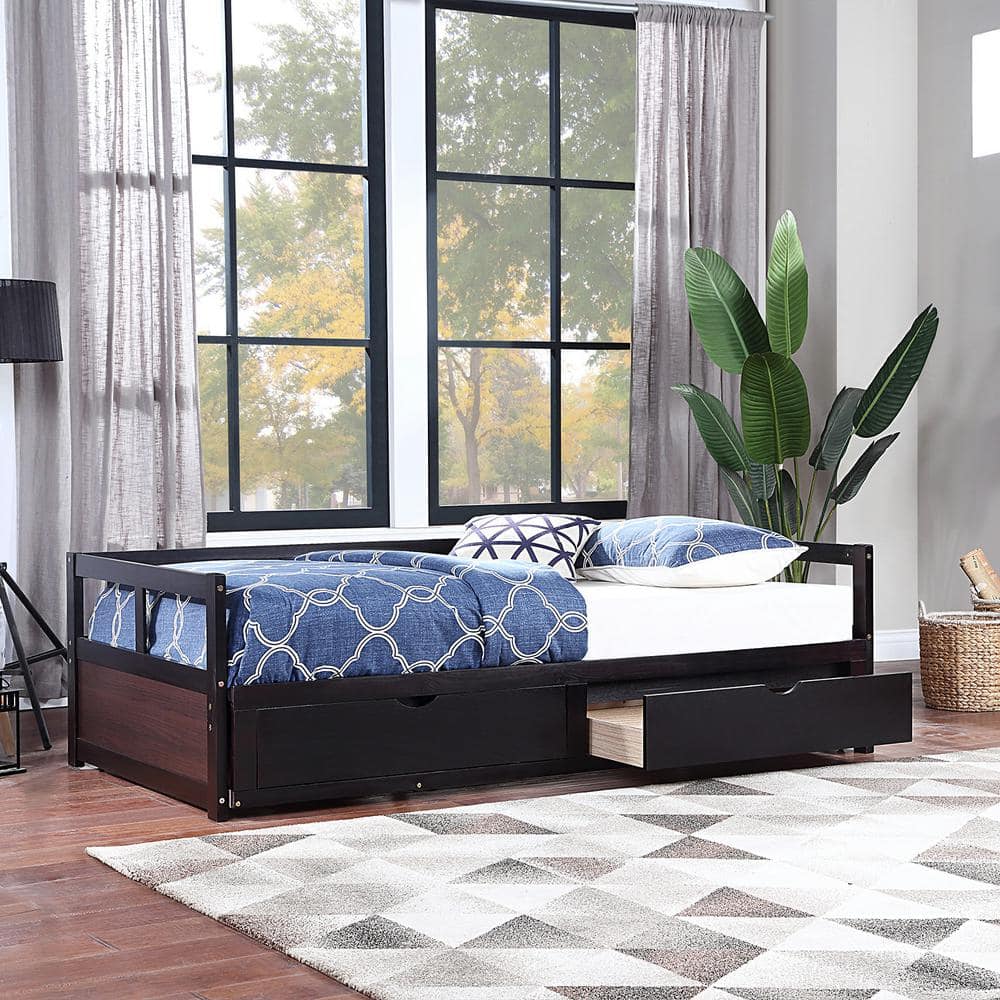 ANBAZAR Extendable Twin Espresso Daybed With Trundle Wood Daybed With ...