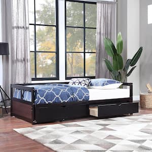 Extendable Twin Espresso Daybed with Trundle Wood Daybed with Pull Out Trundle and 2-Drawers, Twin to King Daybed Frame