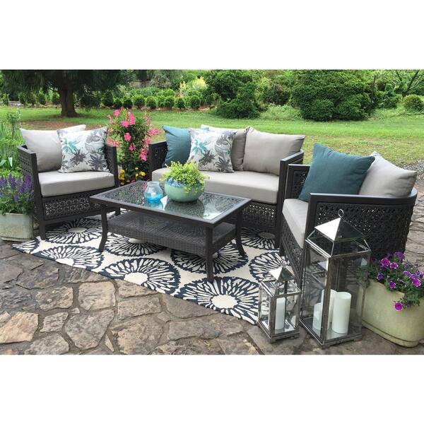 AE Outdoor Carlsbad 4-Piece All-Weather Wicker Patio Deep Seating Set with Sunbrella Heritage Ashe Cushions