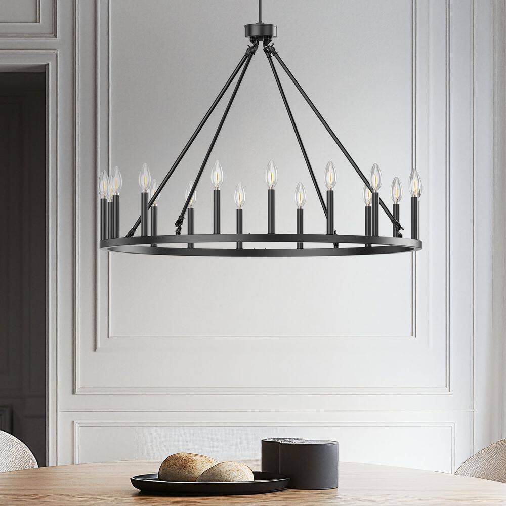 Bismarck 16-Light 40 in. Black Modern Wagon Wheel Dimmable Chandeliers With Wrought Iron Accents Living Foyer Lighting price history on PriceWatchPro