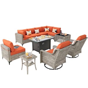 Apollo 11-Piece Wicker Rectangular Fire Pit Sets and Swivel Rocking Chairs with Orange Red Cushion
