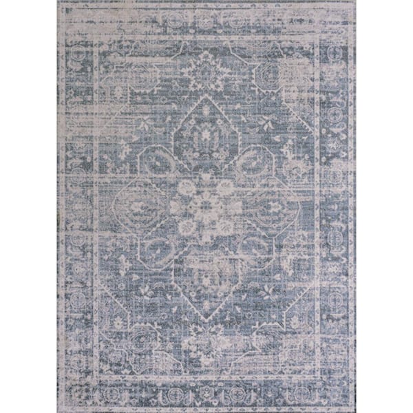 Shaii Global Blue/Light Gray 8 ft. x 10 ft. Medallion Low-Pile Machine-Washable Area Rug