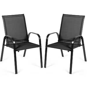 2-Piece Patio Stackable Metal Chairs Outdoor Dining Chair Durable Garden Deck Yard Black