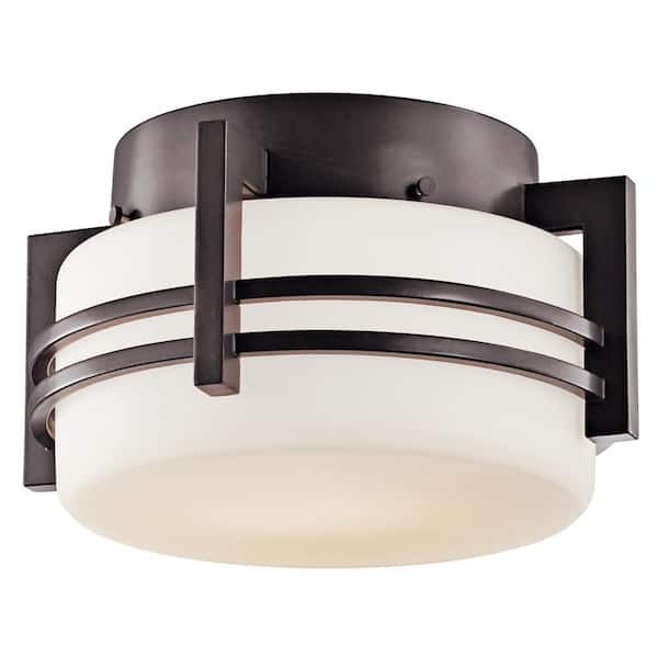 KICHLER Pacific Edge 1-Light Architectural Bronze Outdoor Porch Ceiling Flush Mount Light with Satin Etched Glass (1-Pack)