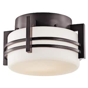 Pacific Edge 1-Light Architectural Bronze Outdoor Porch Ceiling Flush Mount Light with Satin Etched Glass (1-Pack)