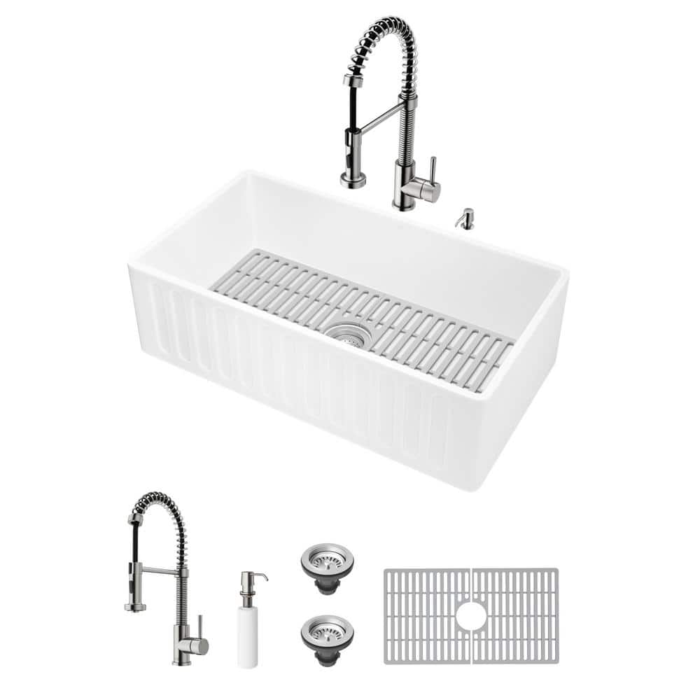 VIGO Matte Stone 33"" Single Bowl Farmhouse Apron Front Undermount Kitchen Sink with Faucet in Stainless Steel and Accessories, Matte White -  VG84052