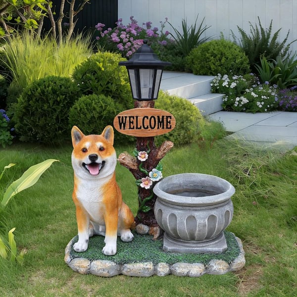 GOGEXX Brown 16.54 in. x 19.69 in. Resin Sitting Akita Dog Planter