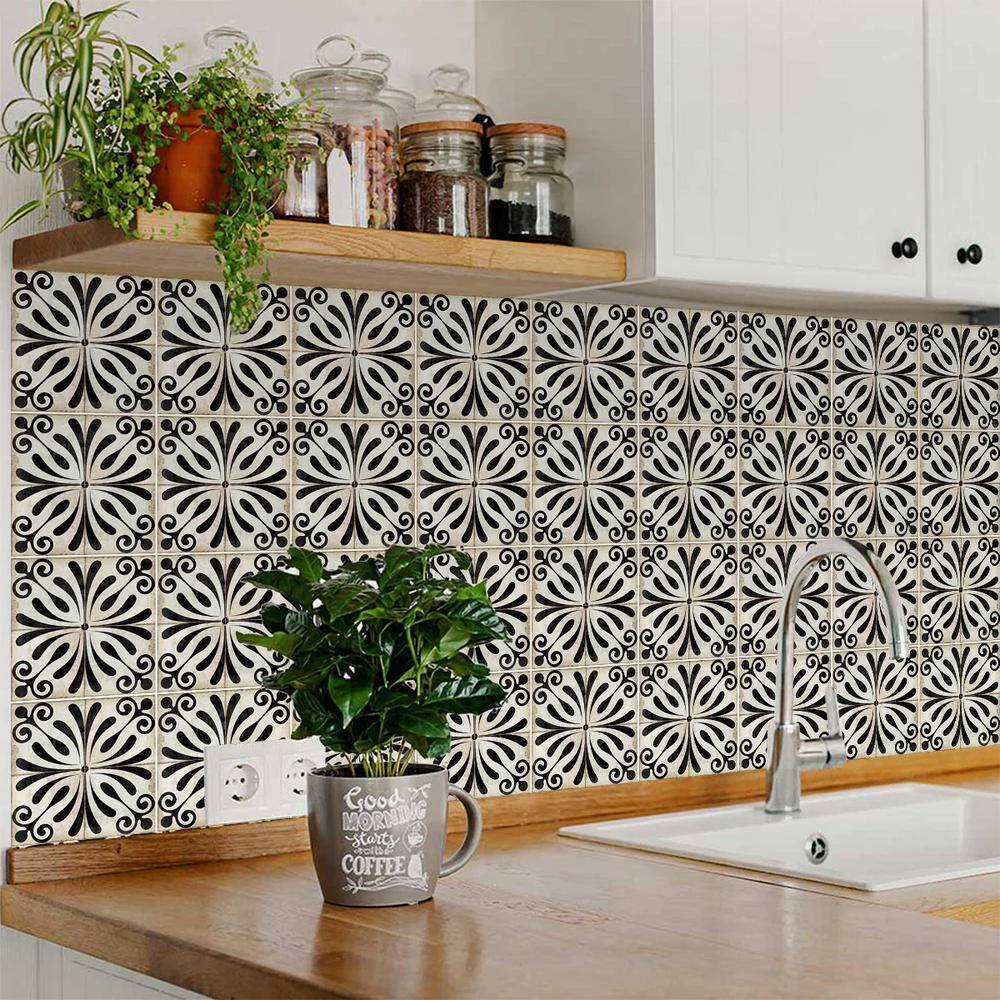 Black and Ivory Vintage Flower Design Vinyl Peel and Stick Tiles, 8x8-inch