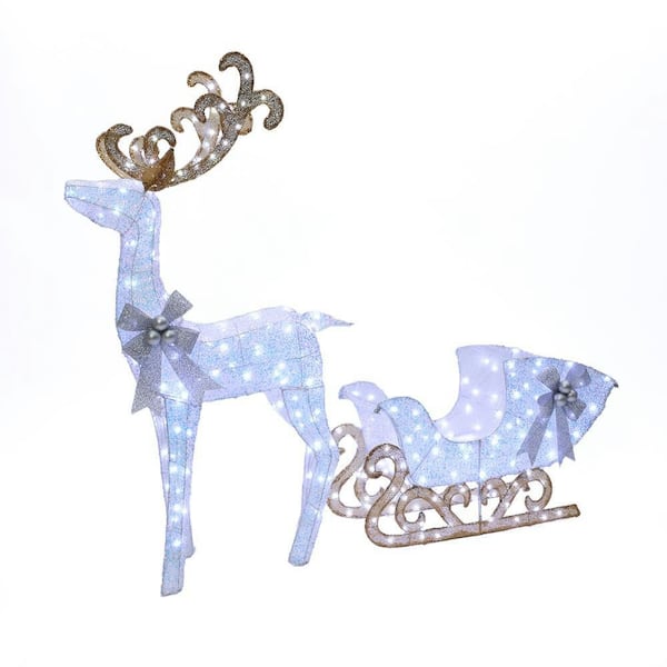 LuxenHome 51 in. 2-Piece White Reindeer and Sleigh with Silver Bow