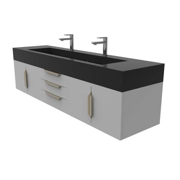 Nile 72 in. W x 19 in. D x 20 in. H Single Bath Vanity in Matte Gray with Gold Trim and Black Solid Surface Top