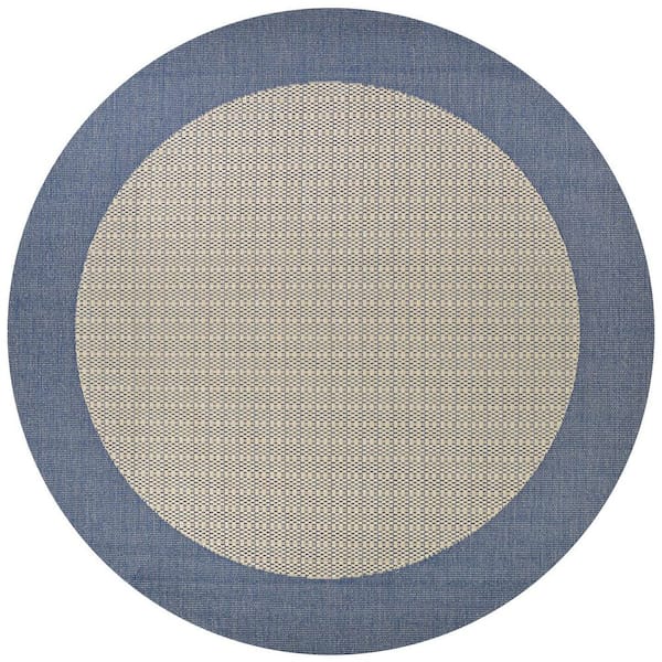 Recife Checkered Field 8 ft. Round Ivory-Blue Solid Indoor/Outdoor Area Rug