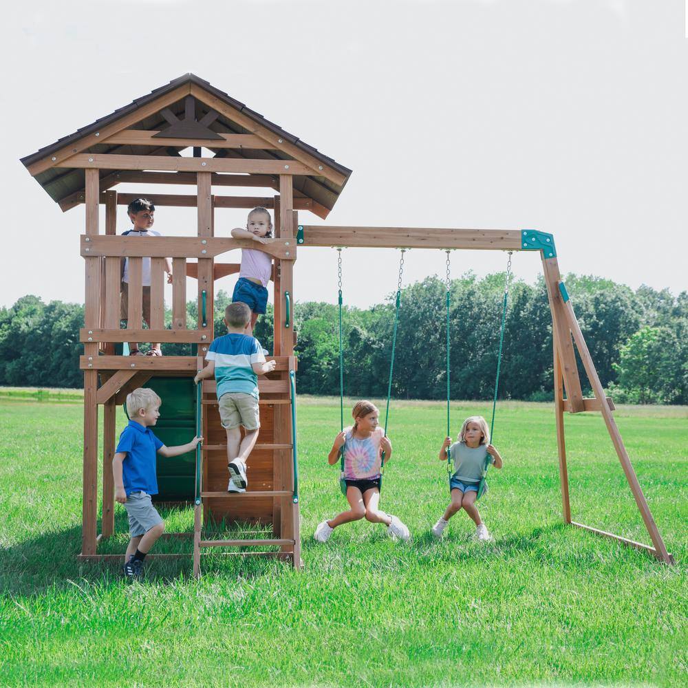 Cedar Wood Outdoor Swing Set with Slide and Fort