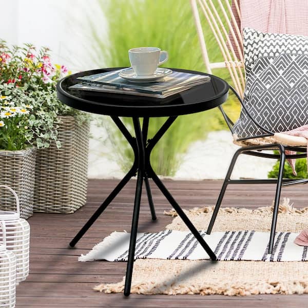 Mondawe Black Small Outdoor Patio Round Metal Side Table with Tempered Glass Top