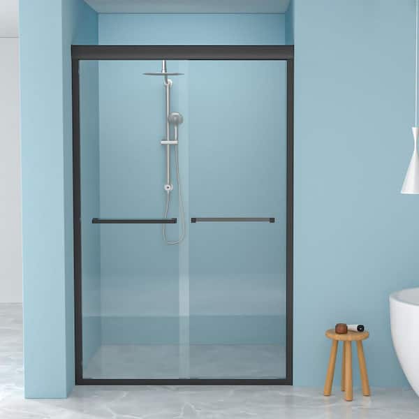 Timussi 48 in. W x 76 in. H Double Sliding Framed Shower Door in Matte Black Finish with Clear Glass