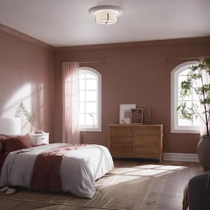 Malen 15.5 in. 2-Light Classic Pewter Traditional Bedroom Flush Mount Ceiling Light with White Fabric Shade