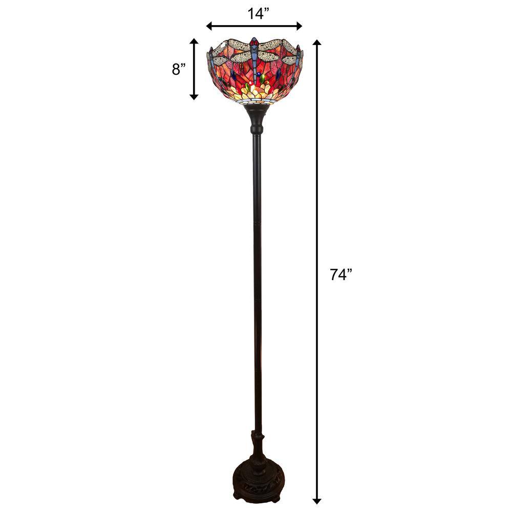 Elegant Dragonfly Torchiere Floor Lamp with Stained Glass Shade