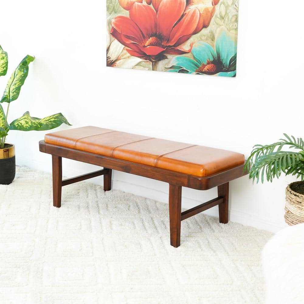 Tan Genuine Leather Teak Wood Mid-Century Modern Bench