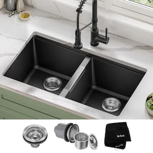 Undermount Granite Composite 33 in. 50/50 Double Basin Kitchen Sink Kit in Black