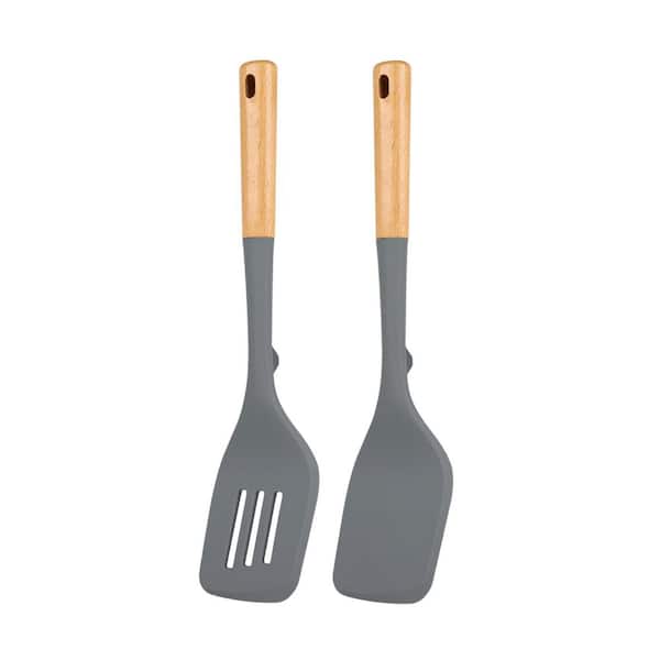 Gray Non Stick Solid Slotted Silicone Spatula Set Heat Resistant Wooden Handle Kitchen Turner 2 Pack Ideal for Flipping