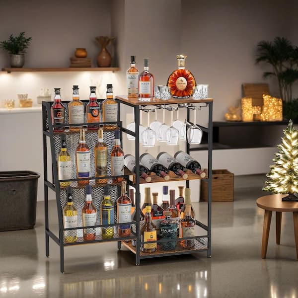 Tileon Wine Rack Freestanding Floor, 3-Tier Trapezoidal Liquor Bottle Display Shelf with Glass Holder and Fences in Brown