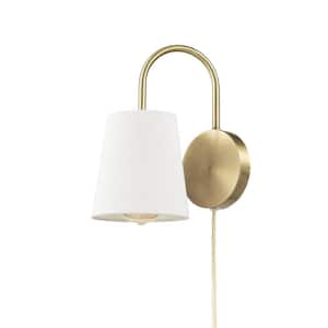 Novogratz 6 in. 1-Light Matte Brass Hardwire or Plug-In Wall Sconce with White Textured Shade