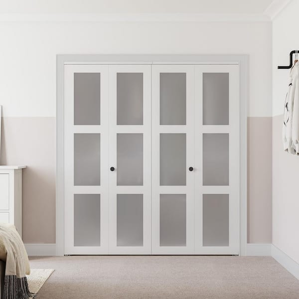 56 in.x 78 in. (Double 28 in.) 3-Lite Frosted Glass Solid Core White Finished MDF Closet Bi-Fold Door with Hardware Kit