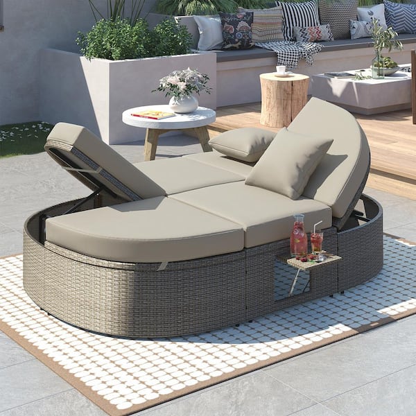 Wicker Outdoor Day Bed, Reclining Chaise Lounge with Gray Cushions, Pillows, Adjustable Backrests and Foldable Cup Trays