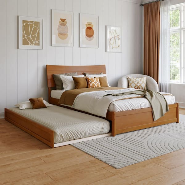 Harlowe Light Toffee Natural Bronze Wood Frame Full Platform Bed with Twin Trundle