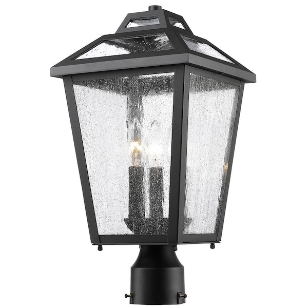 Unbranded Bayland 17.5 in. 3-Light Black Aluminum Outdoor Hardwired Post Mount Light with Seedy Glass with No Bulbs Included