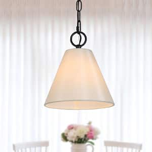 Modern White Pendant Light with Fabric Shade 1-Light Painted Black Minimalist Bell Hanging Light for Dining Room Kitchen
