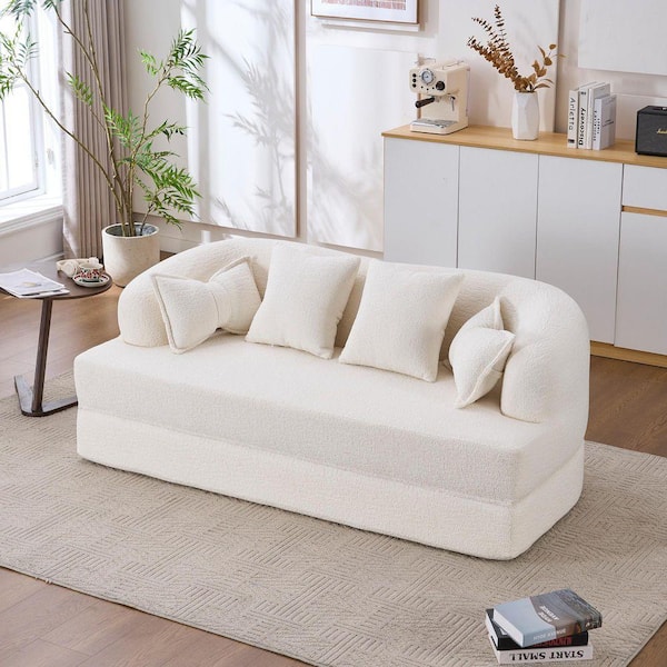 70 in. 2-in-1 White Chenille Foldable Boneless Twin Size Sofa Bed with 4 Pillows