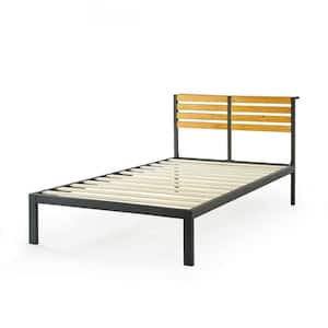 Kasi Black Metal Shelf Solid Pine Wood Platform Bed with Panel Headboard, Twin