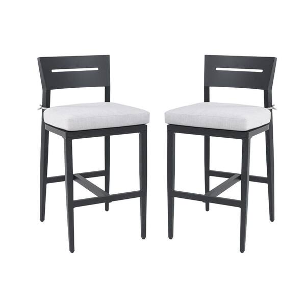 Black Aluminum Outdoor Bar Stool with White Cushion, Ergonomic Backrest, Tapered Legs and Footrest (2-Pack)