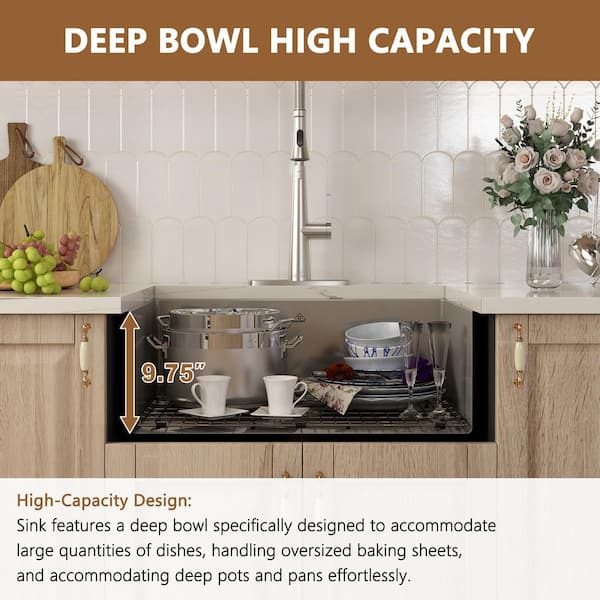 30 in. Farmhouse Apron-Front Single Bowl 18-Gauge Silver Stainless Steel Kitchen Sink with Bottom Grid, Strainer Basket