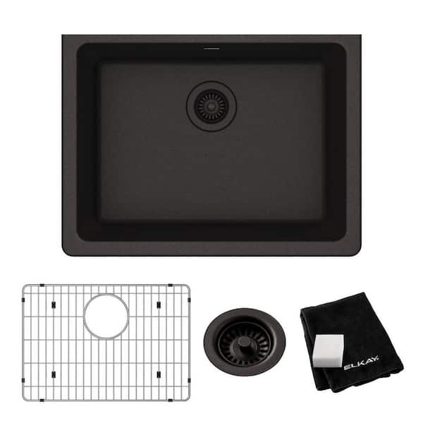 Quartz Classic 25 in. Undermount Single Bowl Black Granite/Quartz Composite Kitchen Sink Kit w/ Accessories