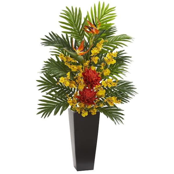 Nearly Natural Indoor Tropical Floral & Orchid Artificial Arrangement in Black Vase