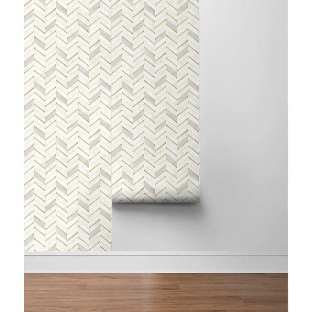 Metallic Gold and Pearl Gray Chevron Marble Peel and Stick Wallpaper
