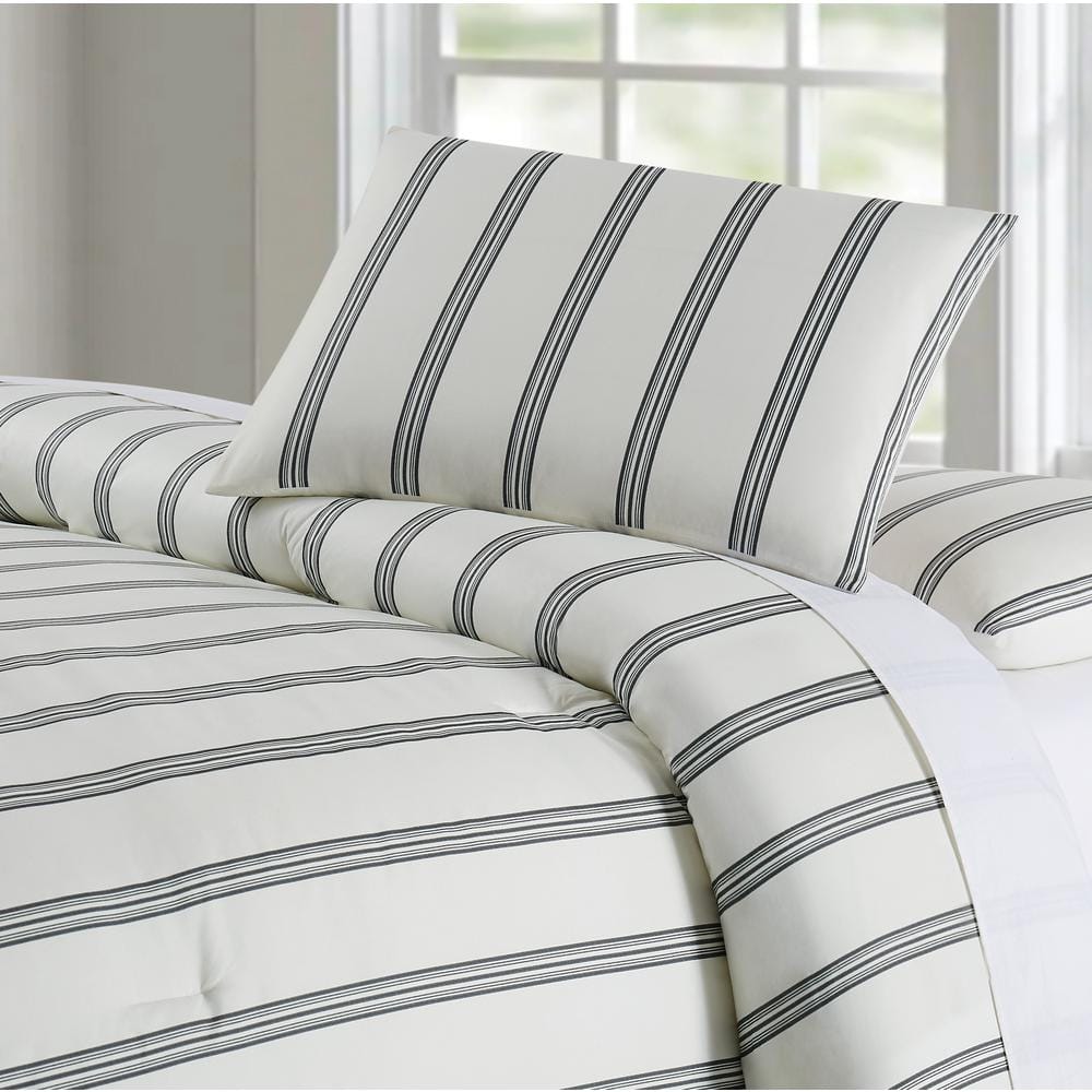 King Black and White Microfiber Striped Bedding Set