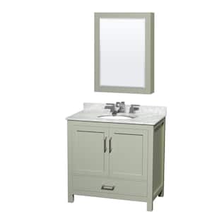 Sheffield 36 in. W x 22 in. D x 35 in. H Single Bath Vanity in Light Green with White Carrara Marble Top and MC Mirror