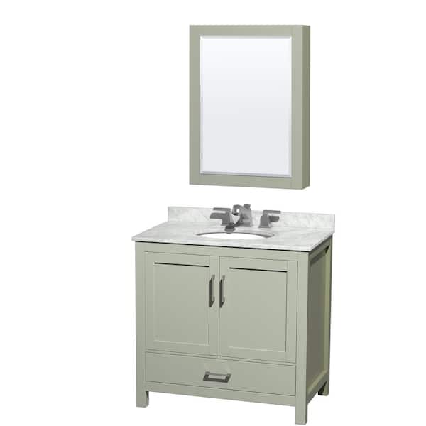 Wyndham Collection Sheffield 36 in. W x 22 in. D x 35 in. H Single Bath Vanity in Light Green with White Carrara Marble Top and MC Mirror