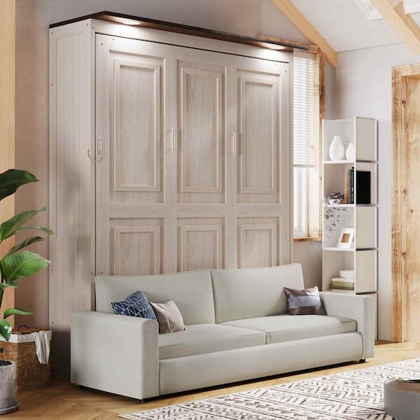 Beige Wood and Metal Frame Queen Murphy Bed with Sofa and LED